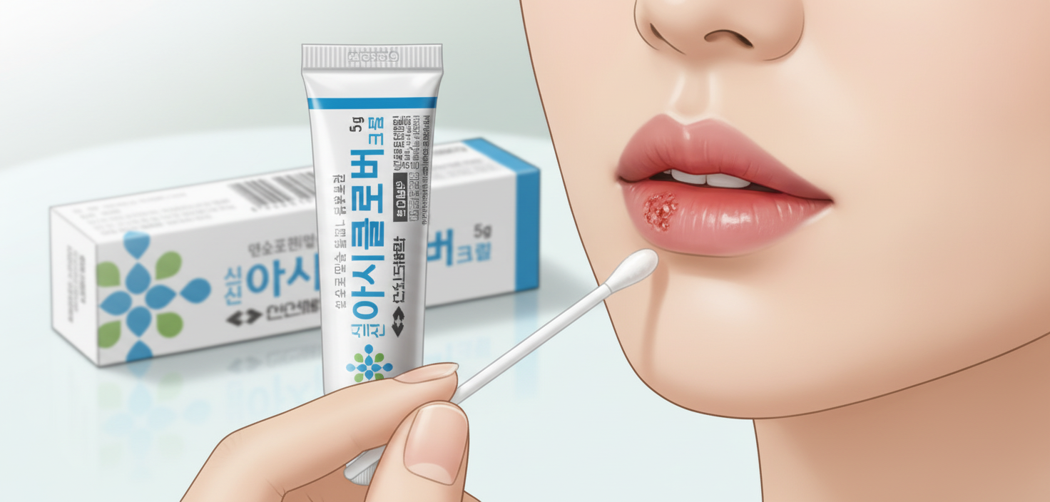 아시클로버 연고 튜브와 면봉, 그리고 헤르페스 구순포진 부위를 나타내는 이미지