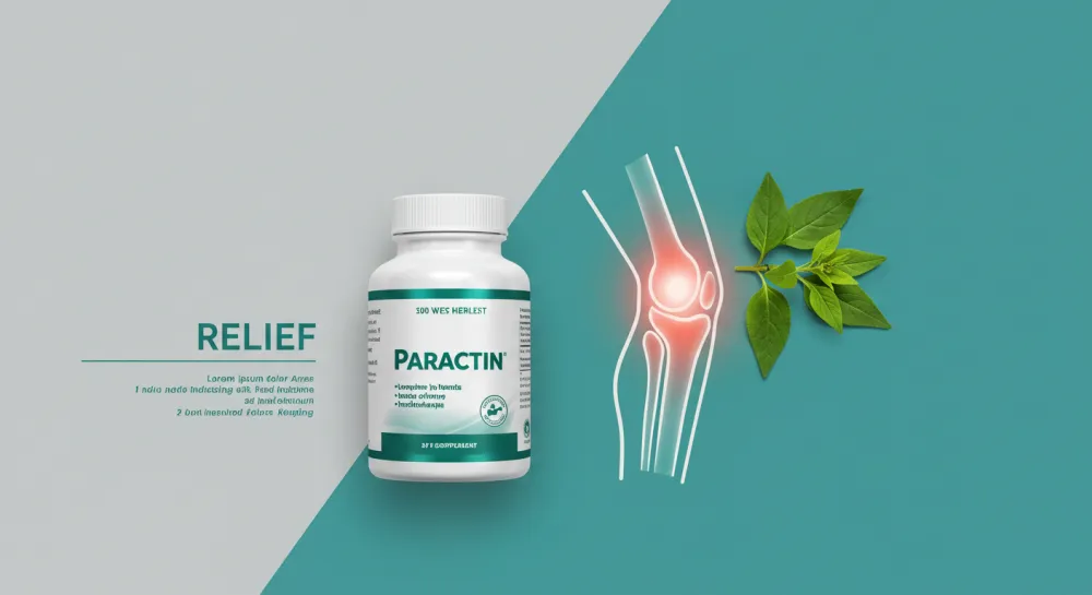 깨끗한 배경 위, 파랙틴(Paractin) 보충제 병과 천심련 잎, 그리고 통증이 완화된 건강한 무릎