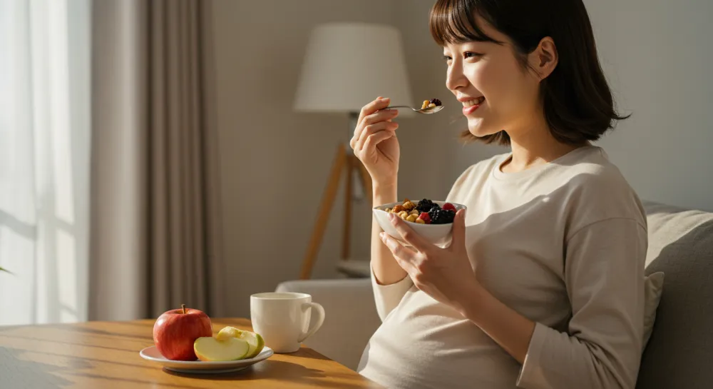 임신 중인 여성이 견과류 간식을 먹으며 웃고 있는 모습