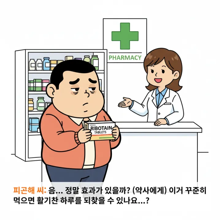 약사가 리보테인이 구내염에 도움이 된다고 설명하는 모습