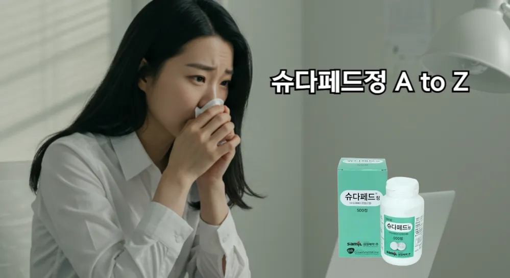 감기를 앓고 있는 여성과 슈다페드정