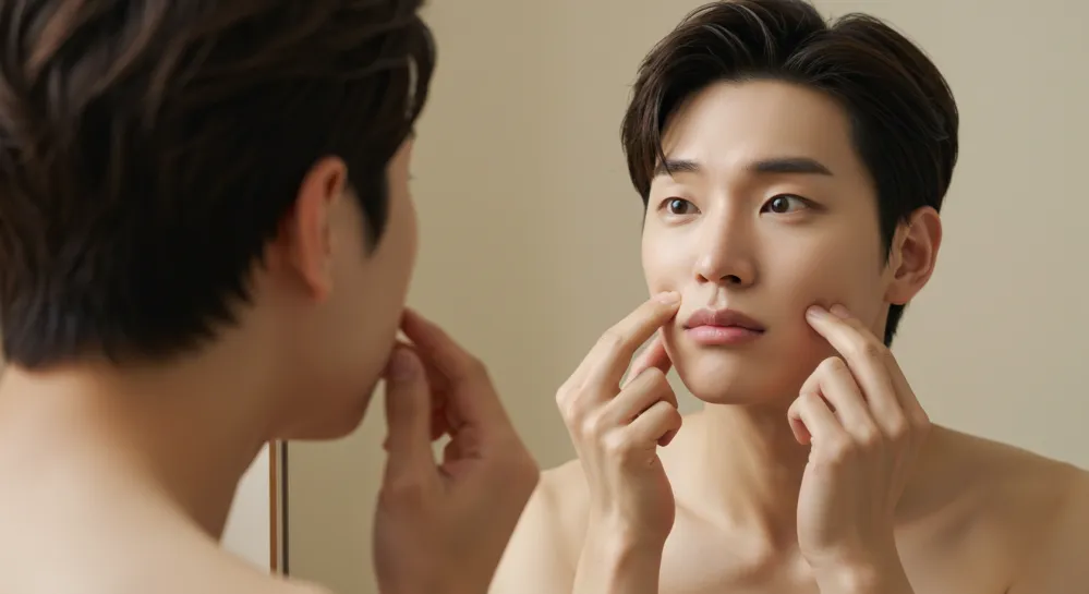 거울을 보며 여드름을 살펴보는 남성