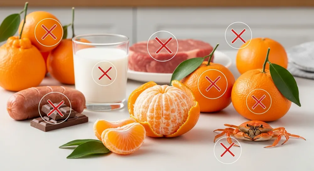귤과 함께 먹으면 안 좋은 음식들(우유, 고기, 초콜릿, 게 등)을 보여주는 이미지로, 올바른 귤 섭취 방법을 강조합니다.