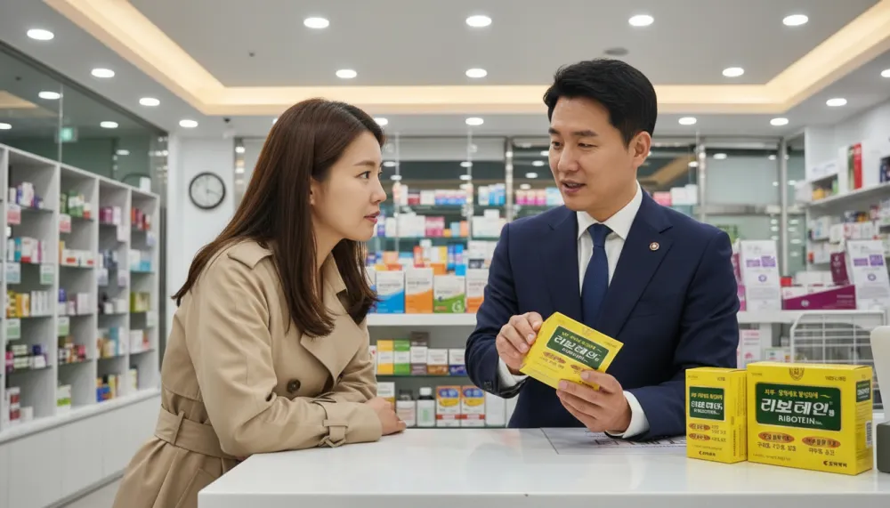 남자가 여성에게 리보테인정 효능및 부작용, 복용법을 설명하는 모습