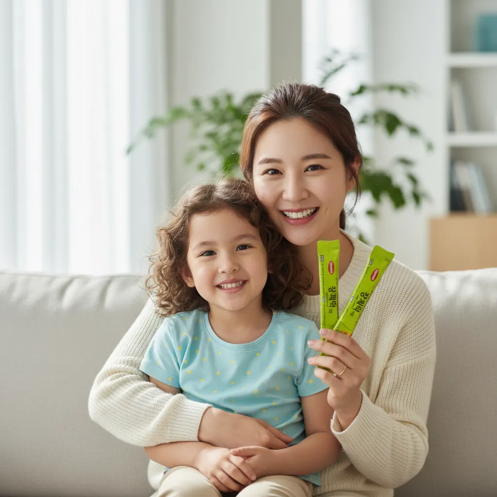 는어린아이와 엄마. 엄마 손에는 장쾌락 시럽을 들고 있다.