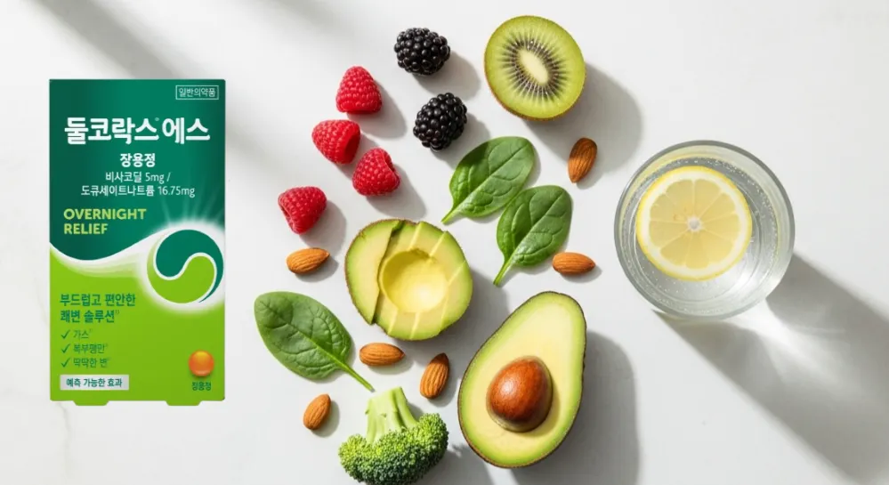 둘코락스 에스와 물잔, 건강한 식재료가 함께 있는 모습. 변비 해소와 편안함을 상징합니다.