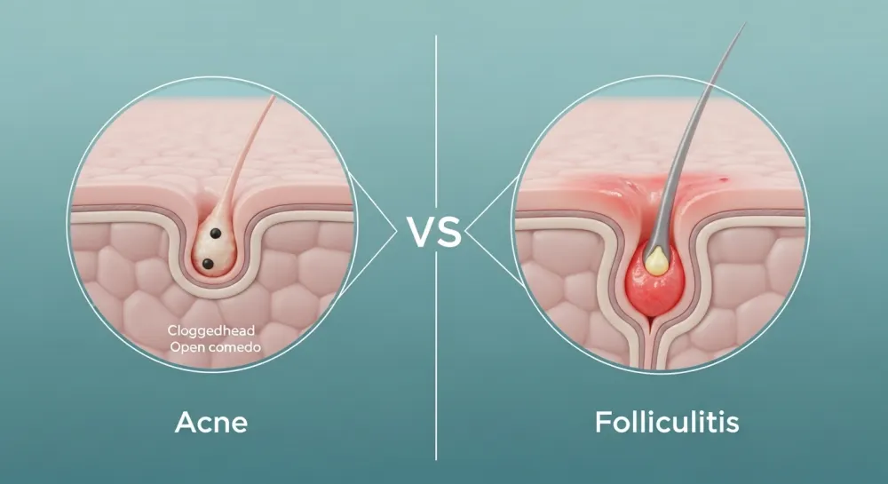 모낭염 여드름 구분을 위한 의료 삽화. 모낭염은 면포 없이 털구멍 주변에 염증이 있고, 여드름은 피지 덩어리(면포)가 막혀 있는 모습을 비교함.