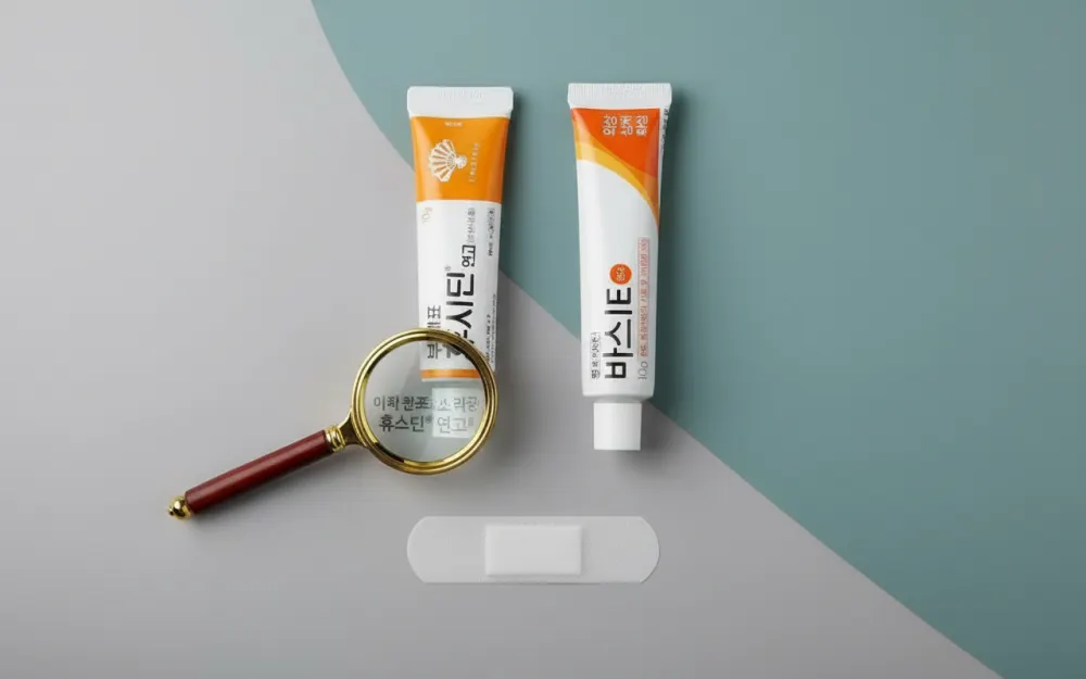 상처 연고인 바스포와 후시딘 튜브가 나란히 놓여있는 모습. 바스포 후시딘 비교 정보를 시각적으로 보여주는 이미지