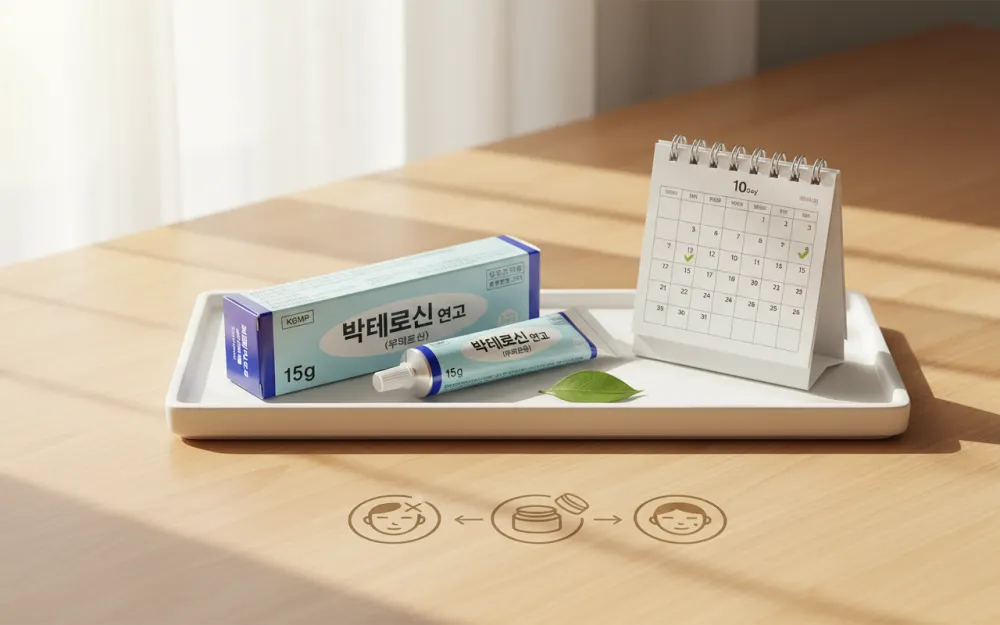 박테로신 연고 튜브와 모낭염 여드름 압출 후 지켜야 할 10일 사용 기간을 시각적으로 나타내는 전문적인 이미지