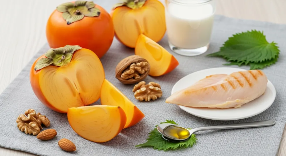 슬라이스 단감과 우유, 견과류가 함께 놓여 단감과 잘 어울리는 음식 조합을 보여주는 이미지