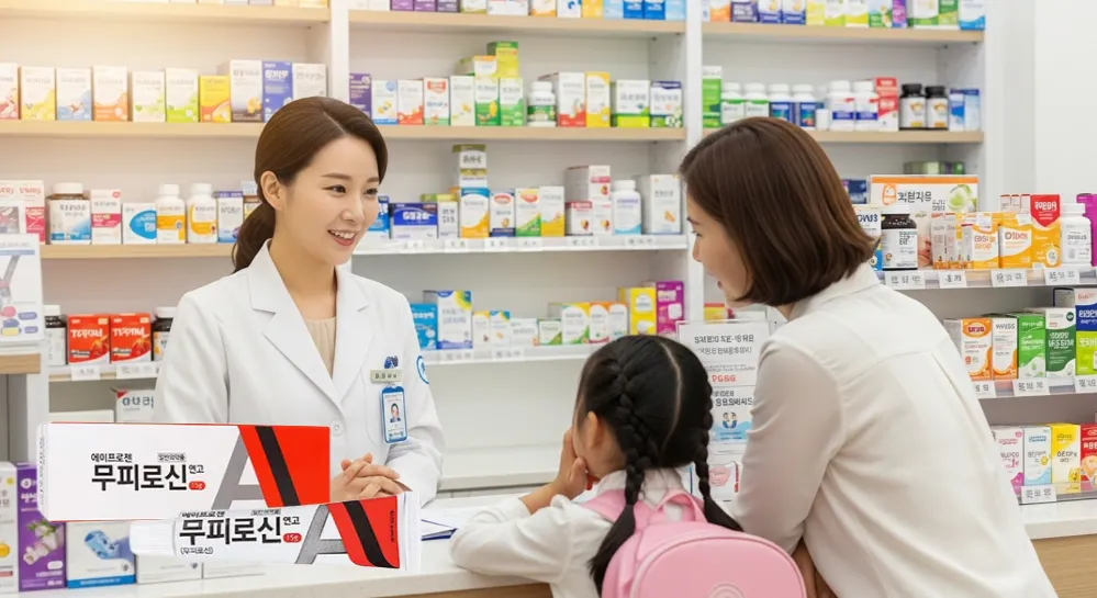 약국에서 무피로신 연고 효과와 부작용에 대해서 상담하는 모습