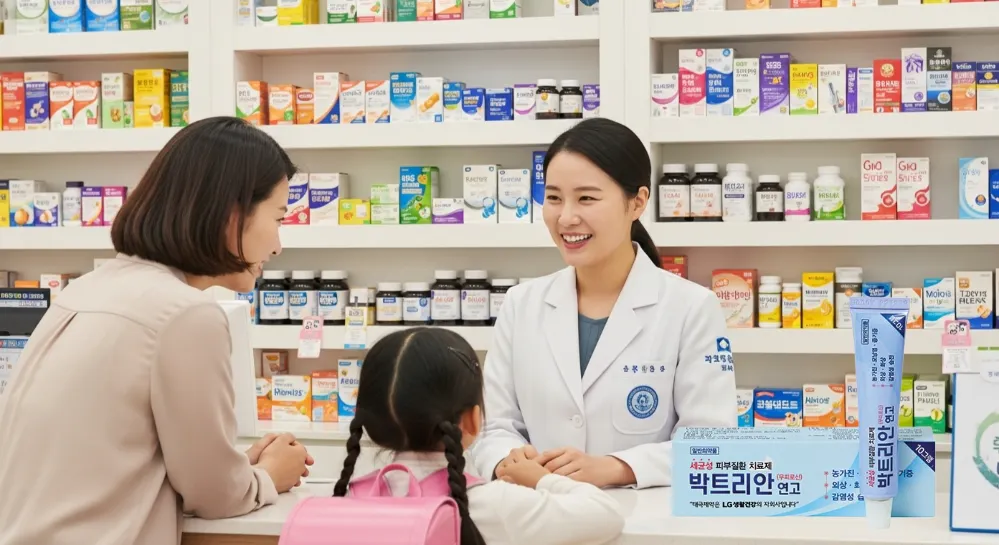약국에서 박트리안 연고 효과와 부작용에 대해서 상담하는 모습