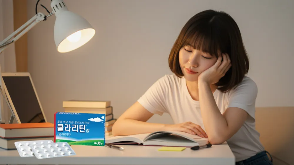 졸고 있는 여학생옆에 놓인 클라리틴정