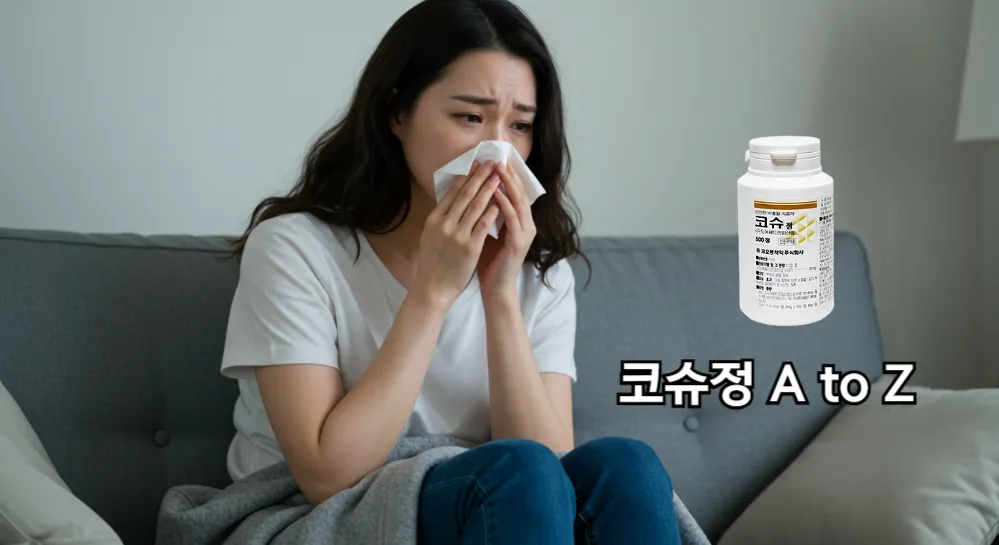 코감기를 앓고 있는 여성옆에 코슈정