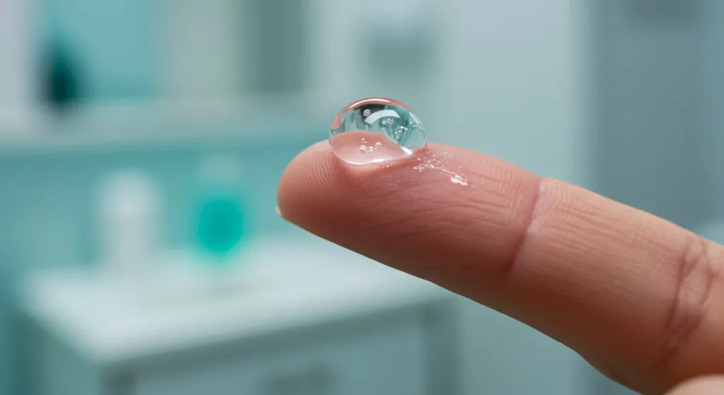 콩알만큼 짠 아다팔렌 겔을 손가락 끝으로 피부에 바르는 올바른 아다팔렌 겔 사용법