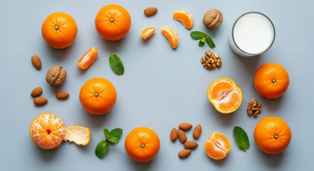 테이블 위에 놓인 신선한 귤, 우유 한 잔, 견과류가 함께 있는 모습으로 귤의 칼로리와 건강한 궁합을 상징하는 이미지