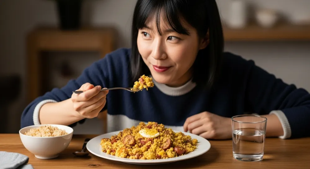 파로로 만든 음식을 먹는 여성