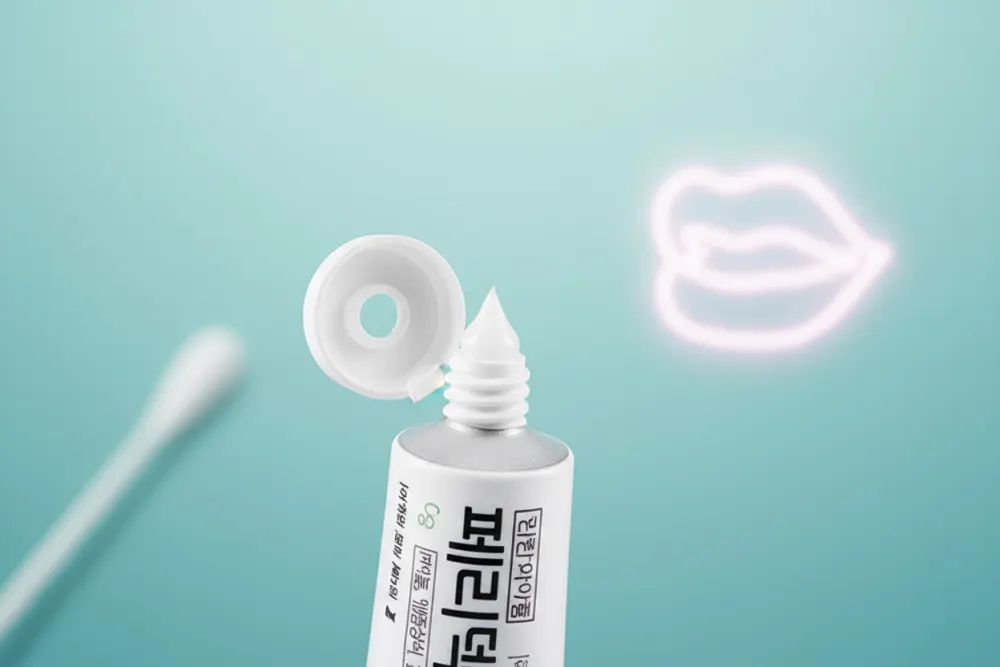 페리덱스 연고 튜브와 면봉이 놓인 모습, 구내염 치료를 위한 의약품임을 강조.