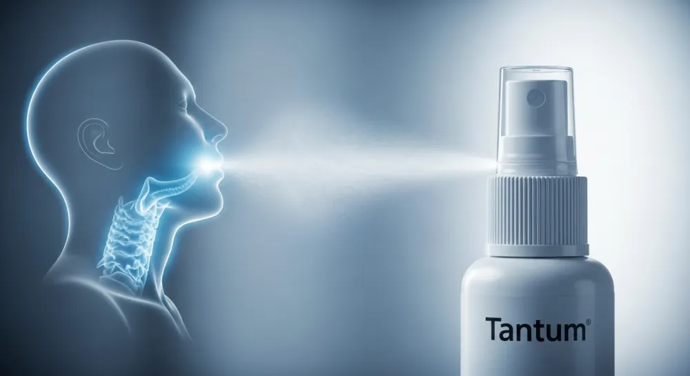 푸른색 배경의 탄툼 스프레이 제품 이미지. 노즐에서 미세한 안개가 분사되는 듯한 모습과 목 통증 완화를 상징하는 희미한 후광이 보인다.