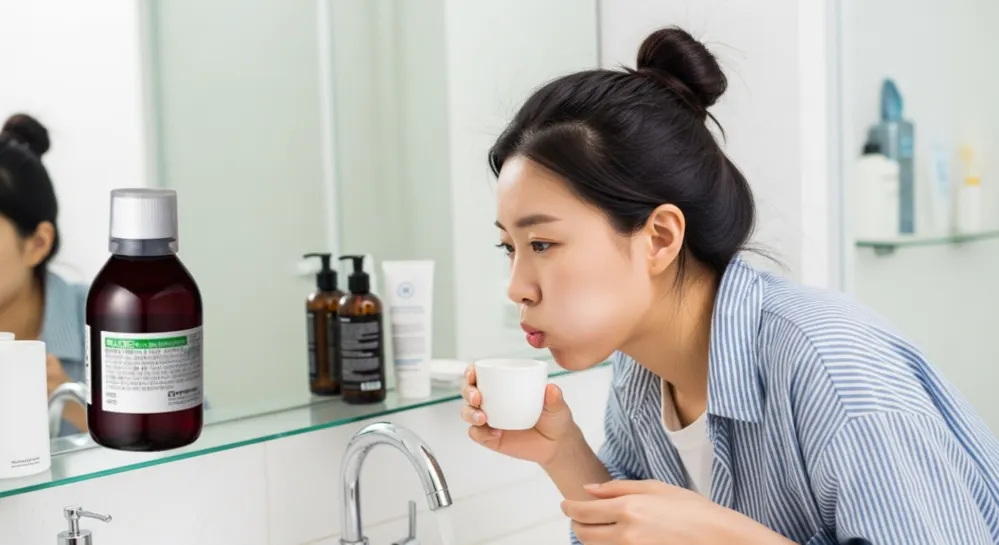 구강 소독제 헥사메딘으로 가글을하고있는 여성