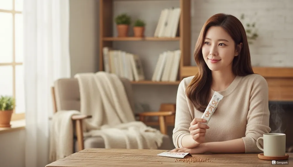 아기오 과립 효과로 변비에서 해방된 건강한 여성의 이미지