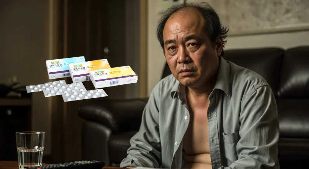 크레스토정 알약과 건강이 좋이 못한듯한 남성