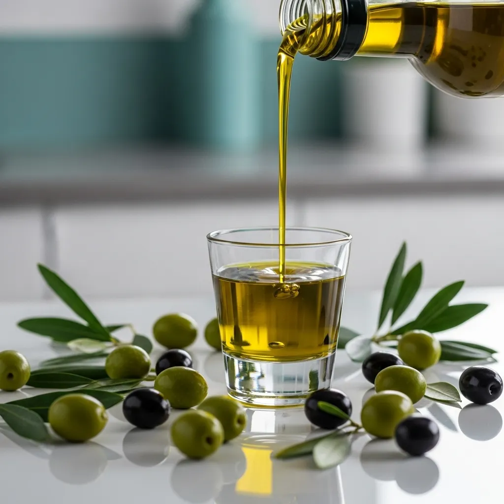 황금빛 엑스트라 버진 올리브유와 신선한 올리브 이미지