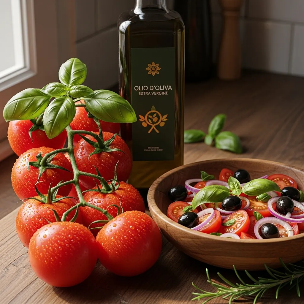 신선한 빨간 토마토와 엑스트라 버진 올리브유 병, 그리고 바질이 어우러진 지중해식 건강 식단